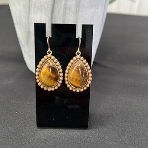 Chaps Amber And Wood and Gold Tone Earrings